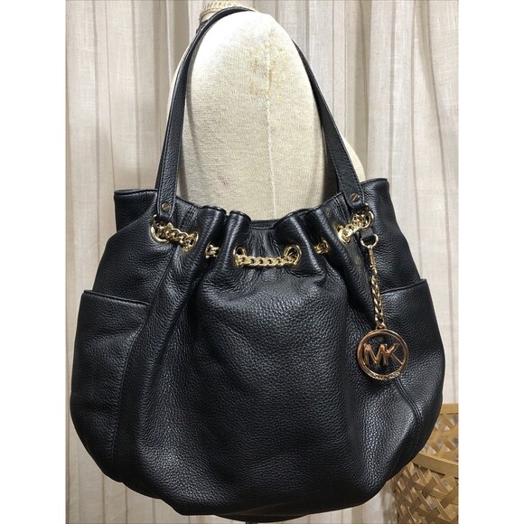 Michael Kors Handbags - Michael Kors Handbag Shoulder Bag Tote Hobo Black Leather Gold Chain Straps